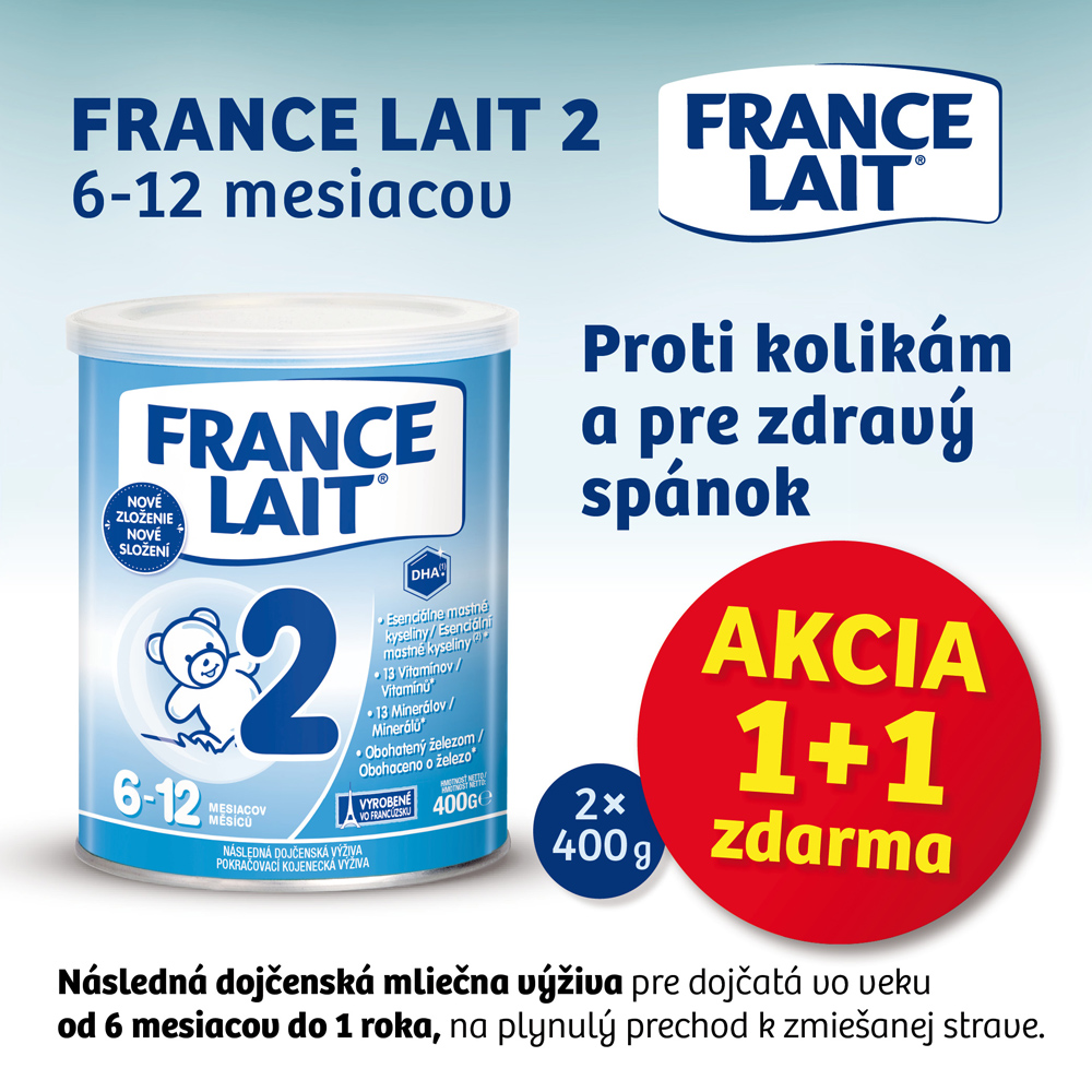 AKCIA: 1+1 ZDARMA France Lait 2 následná mliečna dojčenská výživa od 6-12 mesiacov 400g